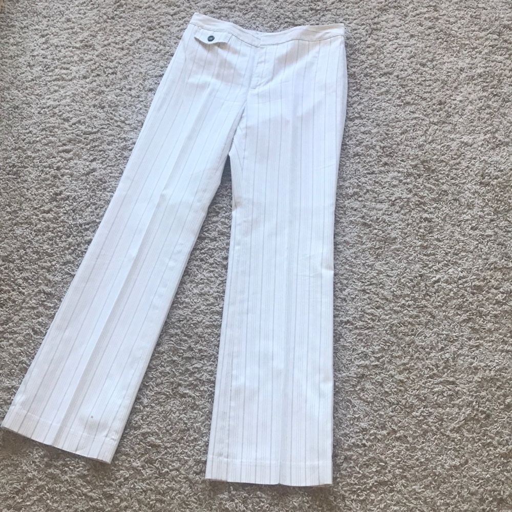 White, wide leg slacks with black pinstripes